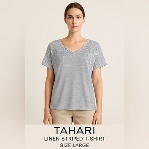 Tahari Linen Striped T-Shirt Women’s Large Blue White Nautical Preppy Sailor